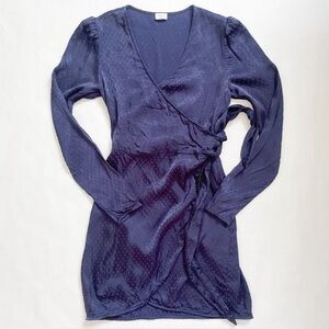 Aritzia Wilfred Callie Satin Wrap Long Sleeve Navy Polka Dot Dress